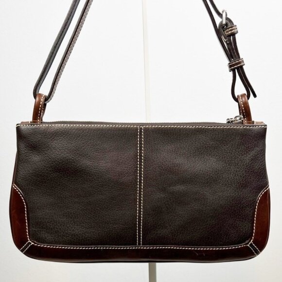 Dooney & Bourke Classic Autumn Dark Brown Slim Flat Pebbled Leather Shoulder Bag - Picture 6 of 16